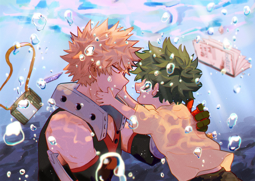 2boys akino_(aki_ktdk) arm_around_back bag bakugou_katsuki blonde_hair boku_no_hero_academia book bookbag child freckles gloves green_gloves green_hair highres looking_at_another midoriya_izuku multiple_boys open_mouth profile red_eyes shirt smile spiky_hair underwater yellow_shirt younger