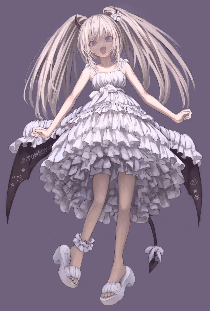 1girl bare_legs bare_shoulders black_tail black_wings bow brown_hair collarbone demon_tail demon_wings dress english_text eyebrows_visible_through_hair fang frilled_dress frilled_legwear frills hair_between_eyes highres horns light_brown_hair low_wings open_mouth original osabachan purple_background simple_background smile solo star_(symbol) tail tail_bow tail_ornament twintails violet_eyes white_bow white_dress white_footwear wings