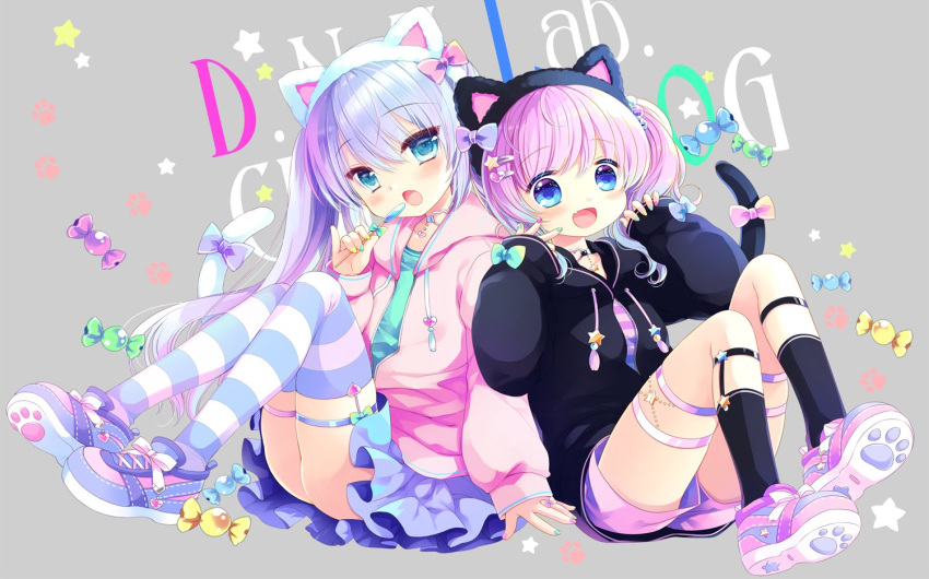 2girls animal_ears background_text bangs black_choker black_hairband black_jacket black_legwear blue_bow blue_eyes blue_footwear blue_hair blue_skirt bow candy_wrapper cat_ears choker collarbone commentary_request copyright_request drawstring eyebrows_visible_through_hair fake_animal_ears gradient_hair green_nails green_shirt grey_background hair_between_eyes hair_ornament hairband hairclip heart heart_hair_ornament heart_o-ring hood hood_down hooded_jacket jacket knees_up long_hair long_sleeves multicolored_hair multicolored_nails multiple_girls nail_polish open_clothes open_jacket pink_footwear pink_hair pink_jacket pink_shorts pleated_skirt puffy_long_sleeves puffy_sleeves purple_bow red_bow red_nails sakurazawa_izumi shirt shoe_soles shoes short_shorts shorts simple_background sitting skirt socks star_(symbol) star_hair_ornament striped striped_legwear striped_shirt thigh-highs twintails very_long_hair white_hairband yellow_nails