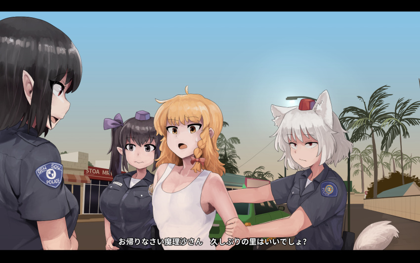 4girls animal_ears arrest bangs black_hair black_shirt blonde_hair blue_sky bow braid breasts brown_eyes car carl_johnson carl_johnson_(cosplay) clear_sky commentary_request cosplay day eddie_pulaski eddie_pulaski_(cosplay) eyebrows_visible_through_hair frank_tenpenny frank_tenpenny_(cosplay) fuka_(kantoku) gradient_sky grand_theft_auto grand_theft_auto:_san_andreas ground_vehicle hair_bow hat highres himekaidou_hatate inubashiri_momiji jimmy_hernandez jimmy_hernandez_(cosplay) kirisame_marisa large_breasts letterboxed long_hair looking_at_another motor_vehicle multiple_girls open_mouth outdoors palm_tree pointy_ears police police_badge police_uniform policewoman purple_bow red_bow red_eyes scene_reference shameimaru_aya shirt short_hair side_braid single_braid sky tail tank_top tokin_hat touhou translation_request tree twintails undershirt uniform upper_body violet_eyes white_hair white_shirt white_tank_top wolf_ears wolf_tail yellow_sky