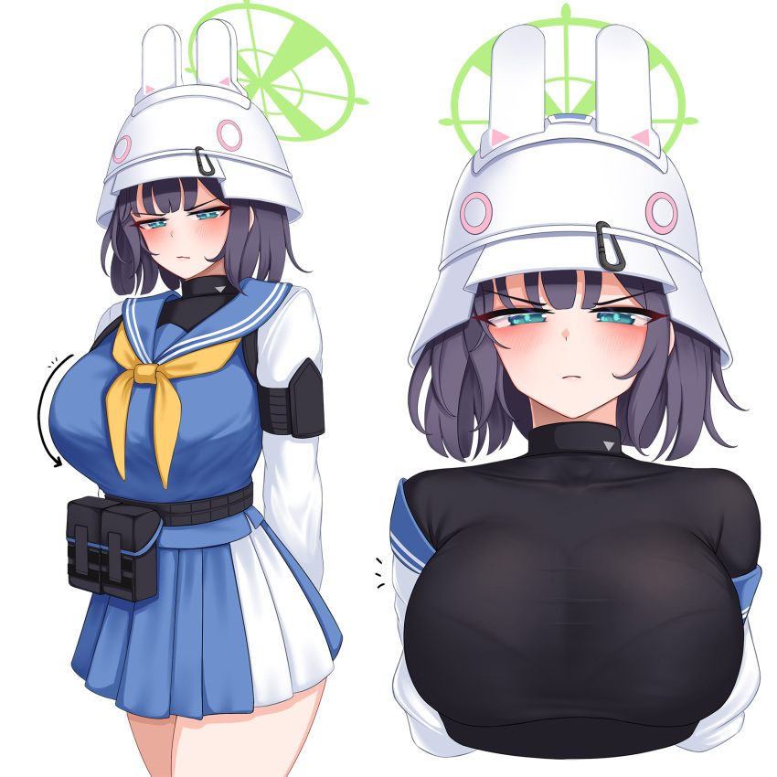1girl 82jhin animal_ear_headwear belt belt_pouch black_undershirt blue_archive blue_shirt blush breasts frown halo helmet highres jitome korean_commentary large_breasts pleated_skirt pouch sailor_collar saki_(blue_archive) shirt skirt white_background