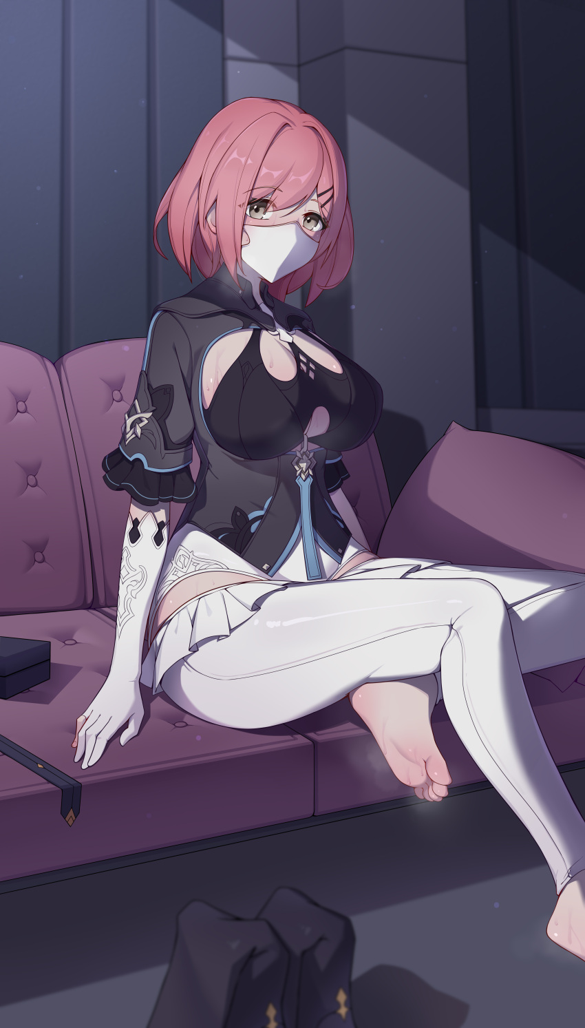 1girl absurdres bangs barefoot black_leotard bob_cut breasts couch elbow_gloves gloves highres honkai_(series) honkai_impact_3rd indoors large_breasts leotard looking_back mask medium_hair mouth_mask neprbq no_shoes no_socks pants pink_hair short_sleeves sitting soles sweat timido_cute toes white_gloves white_pants