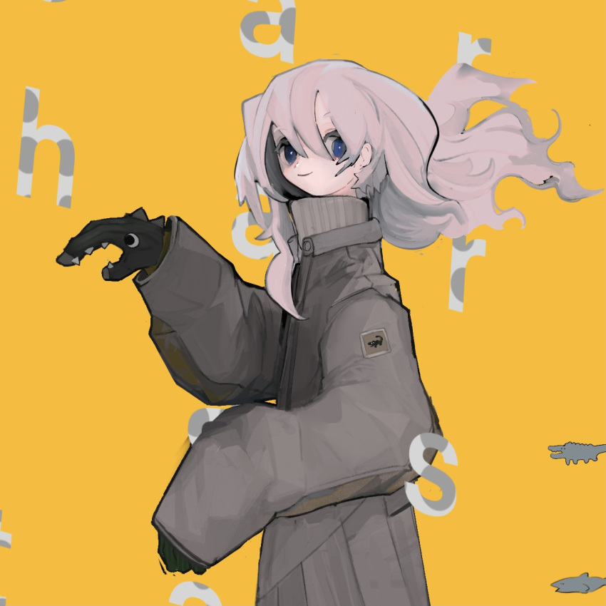 1girl beige_jacket black_gloves blue_eyes commentary_request gloves hand_puppet highres long_hair looking_at_viewer original puppet saniiiwan sideways_glance sleeves_past_wrists smile solo white_hair yellow_background