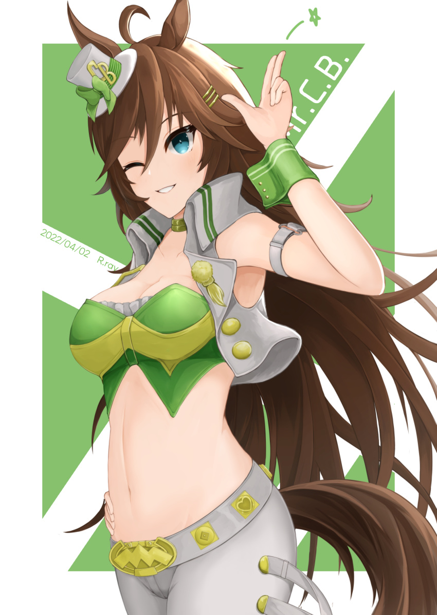 1girl animal_ears arm_strap bangs bare_shoulders blue_eyes breasts brown_hair character_name choker commentary_request cowboy_shot crop_top dated green_shirt grin hair_between_eyes hand_up hat highres horse_ears horse_tail large_breasts long_hair looking_at_viewer midriff mini_hat mini_top_hat mr._c.b._(umamusume) navel one_eye_closed open_clothes pants partial_commentary ryuusaki_rei shirt simple_background smile solo standing stomach strapless strapless_shirt tail top_hat umamusume very_long_hair vest white_background white_headwear white_pants white_vest wrist_cuffs