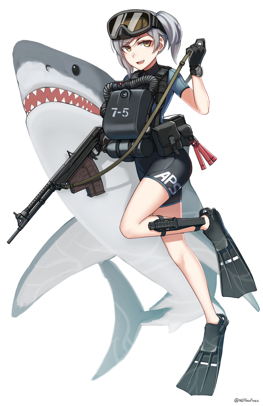 1girl :d absurdres animal aps_rifle aps_rifle_(girls'_frontline)_(ndtwofives) bangs black_gloves bodysuit brown_eyes commentary_request eyebrows_visible_through_hair flippers full_body girls_frontline gloves goggles goggles_on_head grey_hair gun hand_up highres holding holding_gun holding_strap holding_weapon looking_at_viewer ndtwofives original shark short_sleeves side_ponytail simple_background smile solo twitter_username watch watch weapon wetsuit white_background