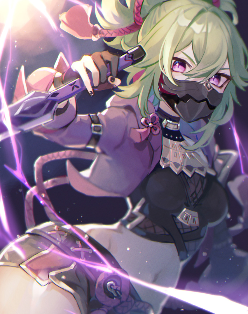 1girl absurdres bangs black_mask black_shorts breasts commentary_request covered_mouth crop_top fingerless_gloves genshin_impact gloves green_hair hair_ornament highres hood hoodie jacket kino_(m6t2a) kuki_shinobu looking_at_viewer mask mouth_mask navel ninja_mask ponytail purple_jacket shorts solo violet_eyes