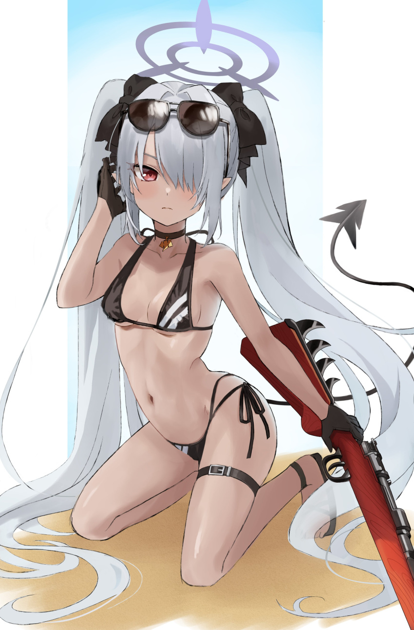 1girl absurdres bangs bikini black_bikini black_bow black_footwear black_gloves blue_archive blush bow breasts choker closed_mouth dark-skinned_female dark_skin eyewear_on_head glasses gloves grey_hair gun hair_between_eyes hair_bow hair_over_one_eye halo highres holding holding_gun holding_weapon iori_(blue_archive) long_hair looking_at_viewer mugenmochimochi pointy_ears red_eyes sandals side-tie_bikini simple_background small_breasts solo swimsuit tail thigh_strap twintails very_long_hair weapon