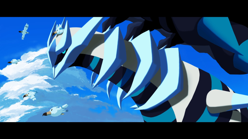 alternate_color bird black_sclera blue_eyes clouds colored_sclera commentary_request day from_side giratina highres letterboxed no_humans outdoors pokemon pokemon_(creature) rolloekaki shiny_pokemon sky spikes wingull
