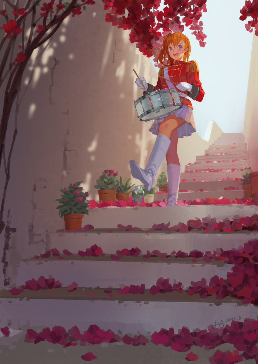 1girl absurdres alphonse_(white_datura) band_uniform blonde_hair blue_eyes boots drum drumsticks epaulettes gloves highres instrument knee_boots kousaka_honoka long_sleeves love_live! love_live!_school_idol_project open_mouth petals photoshop_(medium) plant potted_plant shirt skirt smile snare_drum solo stairs tree uniform upskirt white_gloves