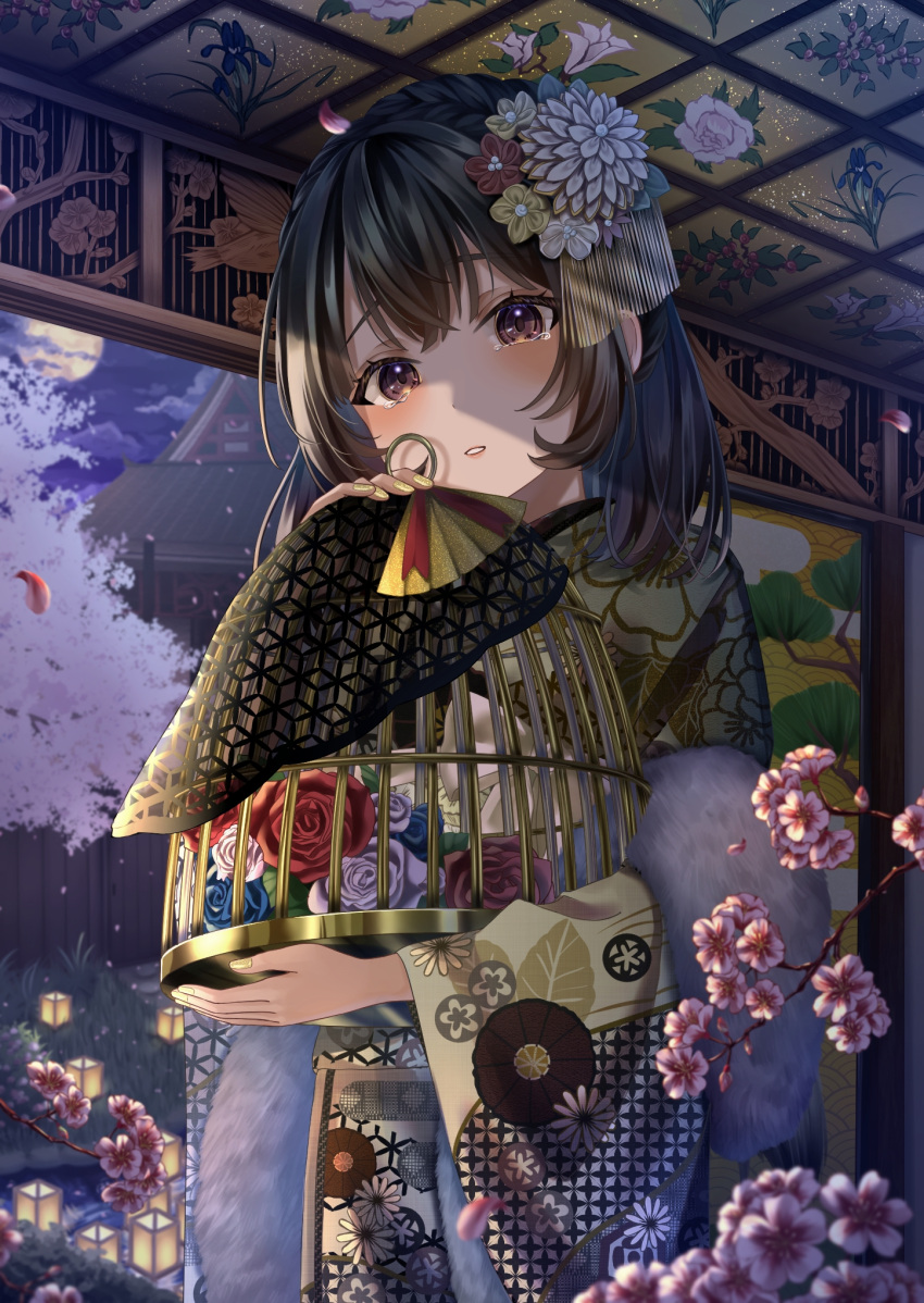 1girl bangs birdcage black_hair blue_flower blue_rose bow brown_eyes cage cherry_blossoms clouds cloudy_sky egasumi eyebrows_visible_through_hair floral_print flower full_moon grass hair_flower hair_ornament highres holding holding_cage japanese_clothes kanzashi kimono lantern long_hair looking_at_viewer moon nail_polish night night_sky original paper_lantern parted_lips pink_bow pink_flower pink_rose print_kimono ranrin1007 red_flower red_rose rose seigaiha shippou_(pattern) sky smile solo tearing_up upper_body wide_sleeves yellow_flower yellow_kimono yellow_nails