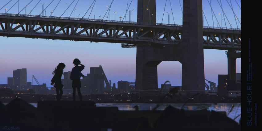 2girls alzi_xiaomi arms_behind_back blue_sky blurry blurry_foreground bridge building city dusk from_behind full_body highres lamppost long_hair multiple_girls original outdoors scenery shirt short_hair silhouette skirt sky skyline standing