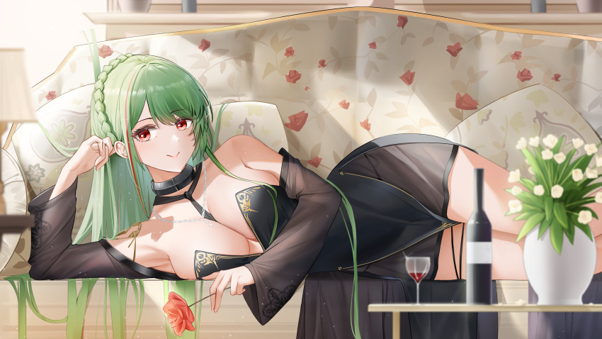 absurdres alcohol azur_lane black_dress bottle breasts couch cup dress drinking_glass evening_gown flower flower_pot green_hair highres large_breasts littorio_(azur_lane) littorio_(calabria_aurea)_(azur_lane) looking_at_viewer lying multicolored_hair official_alternate_costume on_side pillow qing_wu rose smile streaked_hair wine wine_bottle wine_glass