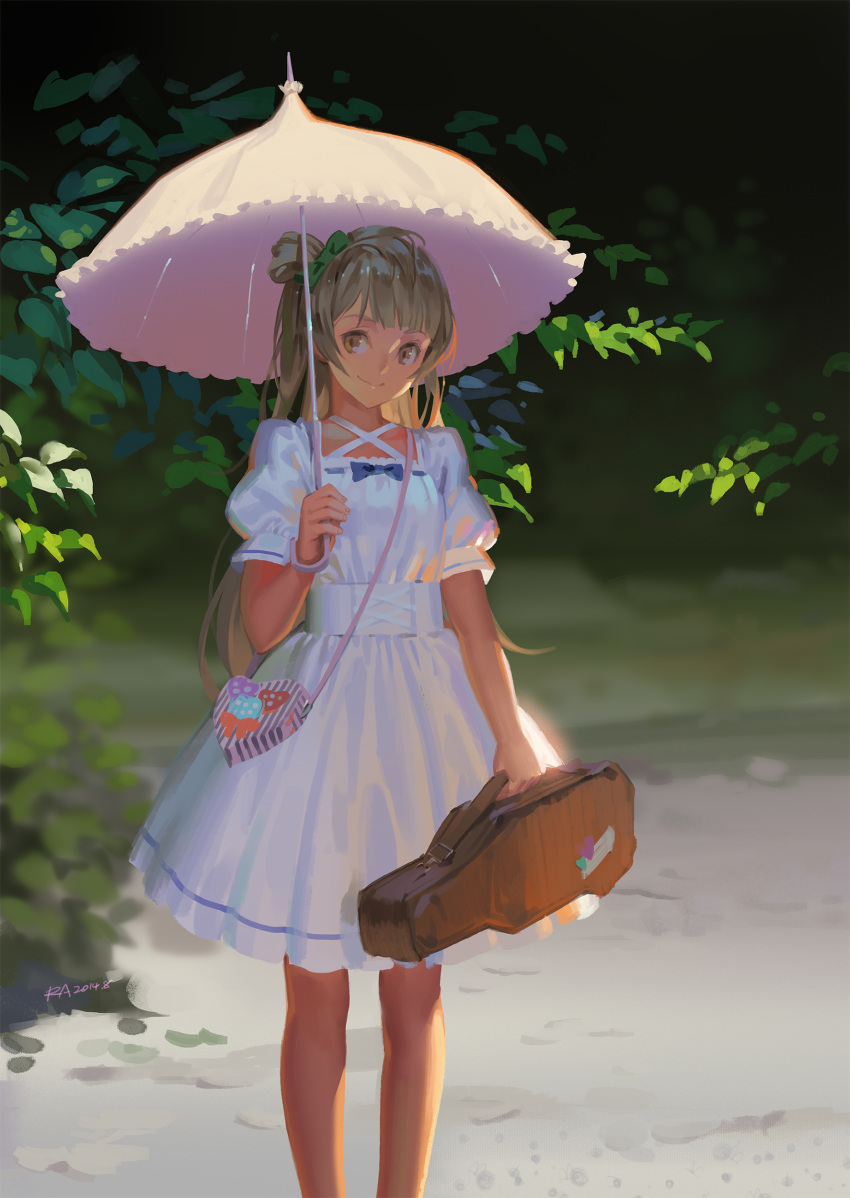 1girl absurdres alphonse_(white_datura) bag blonde_hair breasts criss-cross_halter dress grey_eyes halterneck highres long_hair looking_at_viewer love_live! love_live!_school_idol_project minami_kotori one_side_up parasol photoshop_(medium) puffy_short_sleeves puffy_sleeves ribbon-trimmed_clothes ribbon_trim short_sleeves shoulder_bag small_breasts smile solo umbrella very_long_hair violin_case white_dress