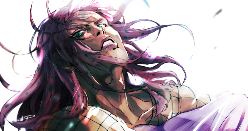 1boy black_lips diavolo fishnet_top fishnets green_eyes head_tilt highres hospital_0434 jojo_no_kimyou_na_bouken long_hair male_focus pink_hair polka_dot_hair purple_hair solo undressing vento_aureo