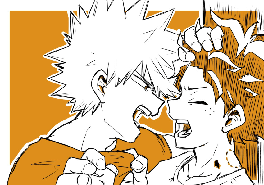 2boys bakugou_katsuki bite_mark boku_no_hero_academia border closed_eyes fighting freckles grabbing_another's_hair highres midoriya_izuku monochrome multiple_boys no_control open_mouth orange_background orange_hair outline shirt_grab shouting simple_background spiky_hair teeth white_border white_outline