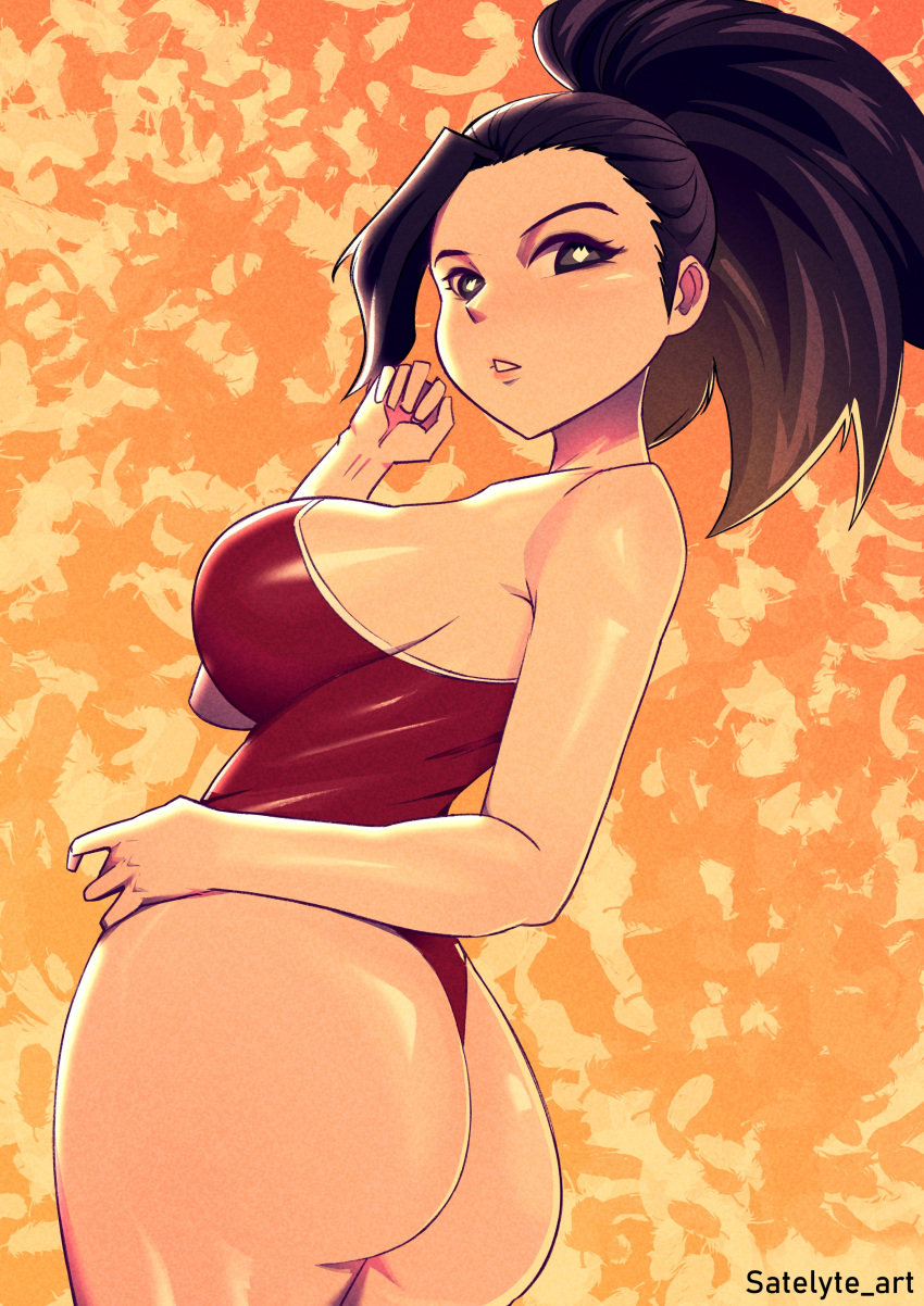 1girl absurdres alternate_breast_size artist_name ass bare_arms bare_shoulders black_hair boku_no_hero_academia breasts cowboy_shot english_commentary eyebrows eyelashes forehead from_behind heart heart-shaped_pupils high_ponytail highres large_breasts looking_at_viewer looking_back one-piece_swimsuit parted_lips satelyte_art shiny shiny_skin sideboob simple_background solo swimsuit symbol-shaped_pupils thighs v-shaped_eyebrows yaoyorozu_momo