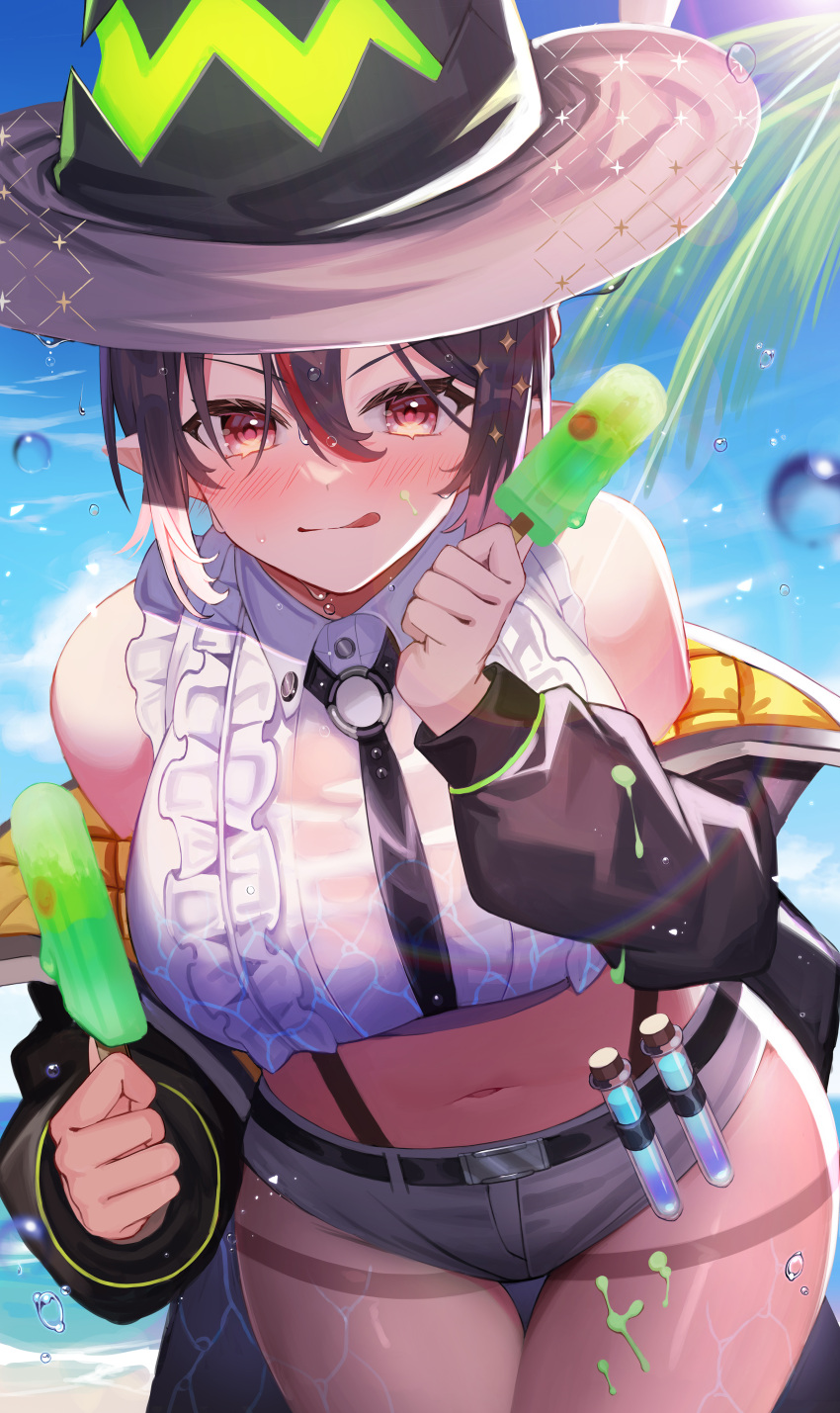 1girl :q absurdres amahara_subaru bangs bare_shoulders black_hair black_headwear black_jacket blue_sky blush breasts chest_harness collared_shirt cowboy_shot crop_top day food grey_shorts hair_between_eyes harness hat highres holding holding_food indie_virtual_youtuber isonade_orca jacket large_breasts leaning_forward long_sleeves looking_at_viewer micro_shorts multicolored_hair navel open_clothes open_jacket palm_leaf pointy_ears popsicle red_eyes redhead shirt short_hair shorts sky sleeveless sleeveless_shirt solo standing stomach streaked_hair test_tube thigh_gap tongue tongue_out virtual_youtuber white_shirt witch_hat