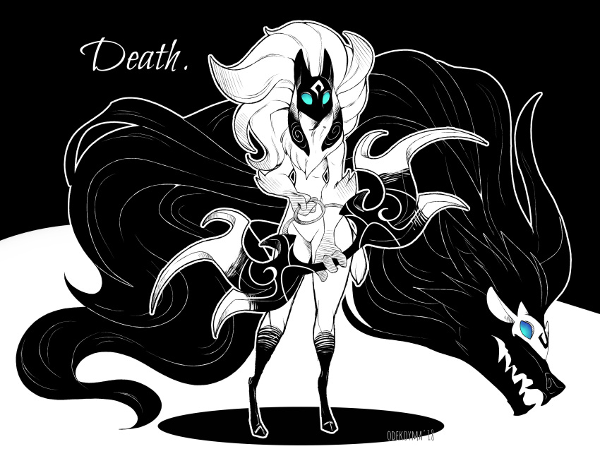 1girl absurdres artist_name black_background bow_(weapon) colored_sclera full_body fur_trim furry furry_female green_sclera greyscale highres holding holding_bow_(weapon) holding_weapon kindred_(league_of_legends) lamb_(league_of_legends) league_of_legends long_hair mask monochrome odeko_yma sharp_teeth standing teeth weapon white_background wolf_(league_of_legends)