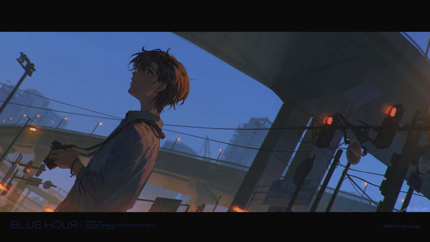 1boy alzi_xiaomi blue_sky brown_hair building camera collared_shirt dutch_angle highres holding holding_camera letterboxed male_focus night original outdoors overpass parted_lips power_lines profile shirt short_hair signature sky solo traffic_light utility_pole