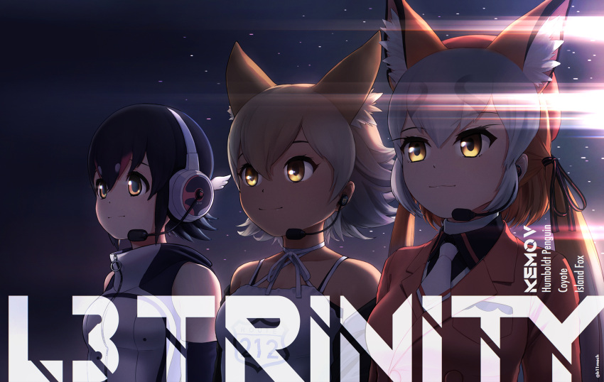 animal_ears beleven closed_mouth coyote_(kemono_friends) fox_ears fox_girl fox_tail gloves hat highres humboldt_penguin_(kemono_friends) island_fox_(kemono_friends) kemono_friends kemono_friends_v_project microphone multicolored_hair necktie ribbon shirt skirt tail virtual_youtuber
