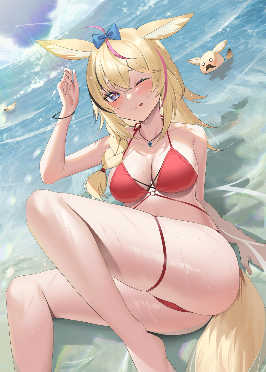 1girl :p absurdres ahoge animal_ears beach bikini blonde_hair blue_sky blush bow bowtie bracelet braid breasts clouds day feet_out_of_frame fox_ears fox_girl fox_tail hair_bow heart heart-shaped_pupils highres hololive jewelry jmao legs long_hair lying medium_breasts multi-strapped_bikini multicolored_hair o-ring o-ring_bikini omaru_polka on_back one_eye_closed pendant pink_hair red_bikini revision sky solo_focus sparkle streaked_hair sunlight swimsuit symbol-shaped_pupils tail thigh_strap thighs tongue tongue_out violet_eyes virtual_youtuber water wet wet_hair zain_(omaru_polka)