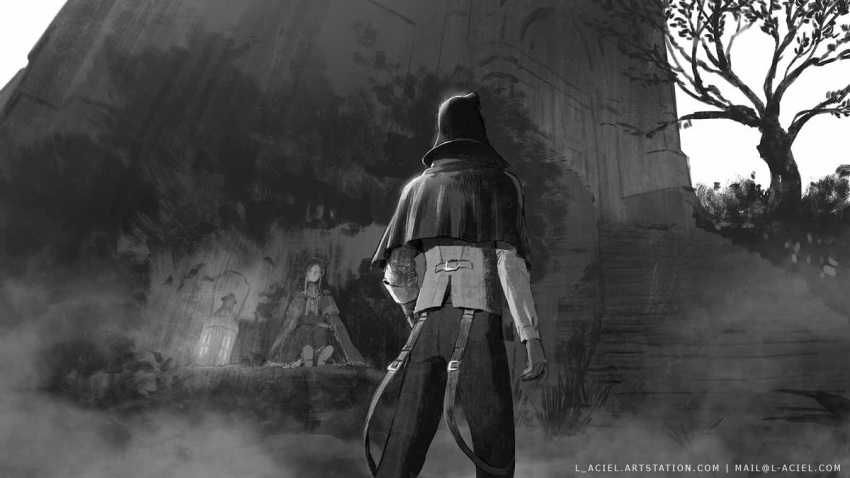 1girl 1other ambiguous_gender artist_name bloodborne capelet door dress feet_out_of_frame from_behind gloves greyscale hood hood_up hunter's_dream_(bloodborne) hunter_(bloodborne) l_aciel lamp long_sleeves monochrome outdoors pants plain_doll sitting stairs standing
