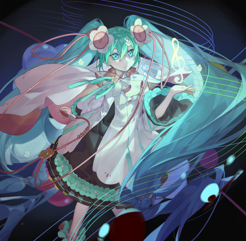 1girl aqua_eyes aqua_hair bangs black_background dress flower glowing hair_between_eyes hair_ornament hatsune_miku highres long_hair musical_note note red_cucumber shaded_face simple_background smile solo staff_(music) treble_clef twintails vocaloid white_dress wide_sleeves wind wind_lift