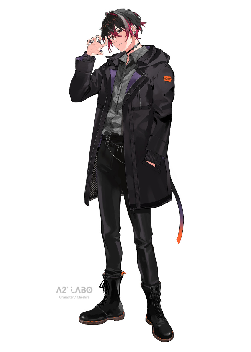 1boy arisaka_ako black_choker black_coat black_footwear black_hair black_pants boots choker closed_mouth coat collared_shirt commentary_request ear_piercing grey_shirt hand_in_pocket hand_up highres jewelry long_sleeves looking_at_viewer male_focus multicolored_hair original pants piercing redhead ring shirt short_hair simple_background solo streaked_hair white_background
