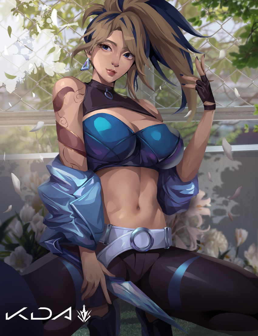 1girl absurdres akali arm_tattoo belt black_gloves black_hair black_pants blonde_hair blue_eyes blue_jacket blue_nails breasts chain-link_fence closed_mouth crop_top cropped_jacket earrings falling_leaves fence fingerless_gloves gloves hand_up highres holding holding_knife jacket jewelry k/da_(league_of_legends) knife kunai leaf league_of_legends letsbe lips logo looking_to_the_side medium_breasts multicolored_hair nail_polish navel o-ring_belt off_shoulder official_alternate_costume pants ponytail shoes solo squatting stomach tattoo the_baddest_akali tight tight_pants tiptoes two-tone_hair weapon white_belt