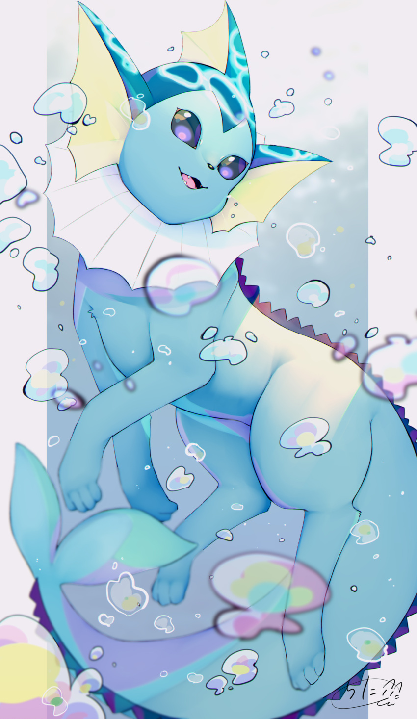 :d absurdres blurry blurry_background chita_(ketchup) depth_of_field fangs highres no_humans pokemon pokemon_(creature) signature smile solo vaporeon violet_eyes water_drop