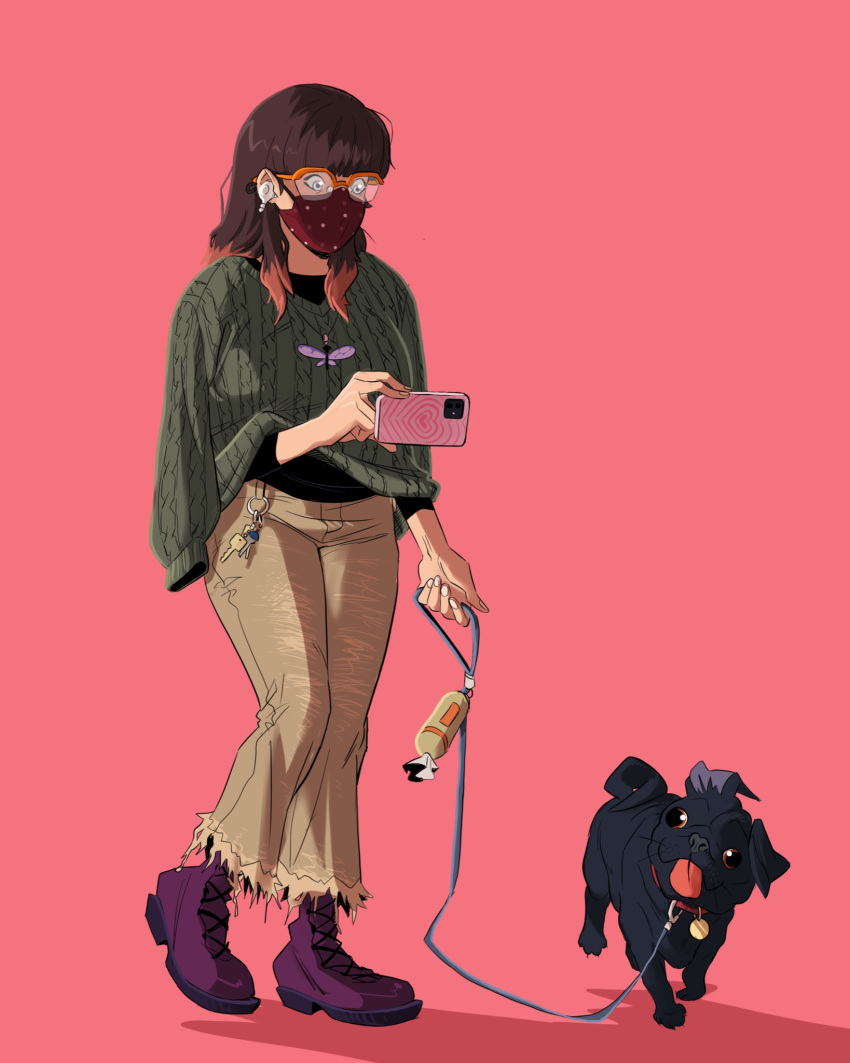 1girl airpods brown_hair dana_terrace dog full_body glasses highres holding holding_leash holding_phone key leash mask mouth_mask multicolored_hair orange_background original pants phone pug purple_footwear simple_background solo sweater