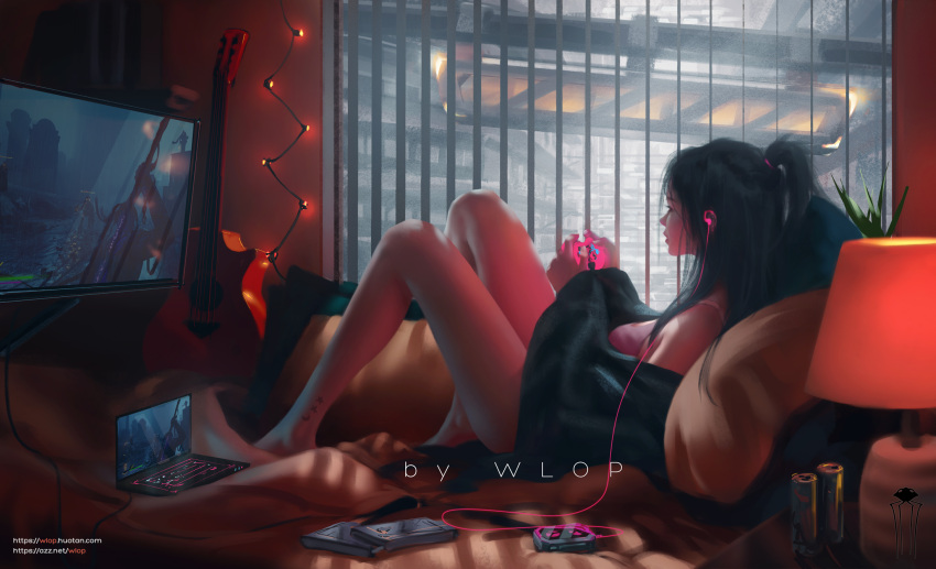 1girl acoustic_guitar artist_name barefoot bed black_hair breasts computer controller earphones from_side game_controller guitar highres indoors instrument laptop leg_tattoo long_hair lying medium_breasts original pillow ponytail solo tank_top tattoo web_address window wlop