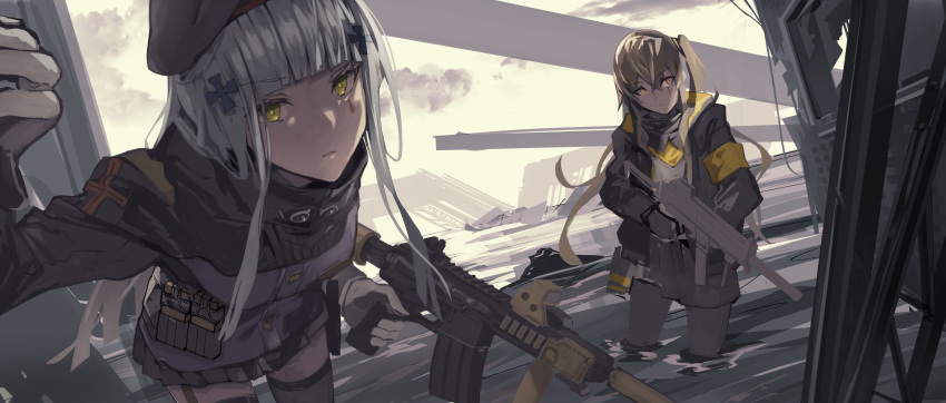 2girls absurdres acog armband assault_rifle beret fujita_(condor) girls_frontline gloves grip gun h&amp;k_hk416 h&amp;k_ump h&amp;k_ump45 hat highres hk416_(girls'_frontline) holding holding_gun holding_weapon multiple_girls rifle submachine_gun suppressor tactical_clothes ump45_(girls'_frontline) wading weapon