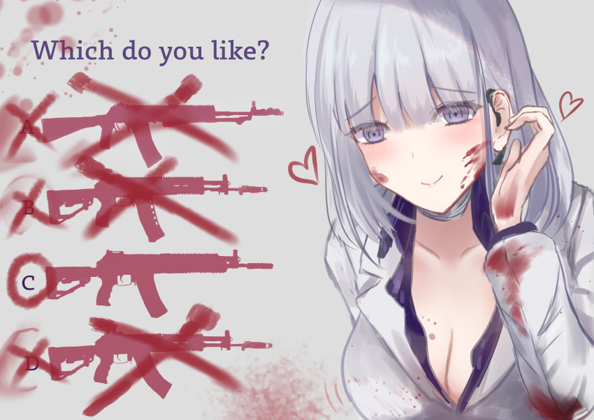 1girl absurdres blood blood_on_face breasts business_suit eyebrows_visible_through_hair formal girls_frontline heart highres jacket kalashnikov_rifle martinreaction medium_breasts medium_hair rpk-16_(girls'_frontline) suit violet_eyes white_hair