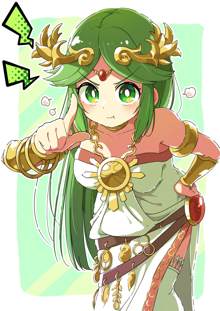 &gt;:( absurdres armlet bangs bare_shoulders breasts collar dress forehead_jewel goddess gold green_eyes green_hair highres jewelry kid_icarus kid_icarus_uprising laurel_crown long_hair merugamu_melgum palutena parted_bangs pendant side_slit single_thighhigh strapless strapless_dress thigh-highs v-shaped_eyebrows vambraces very_long_hair white_dress