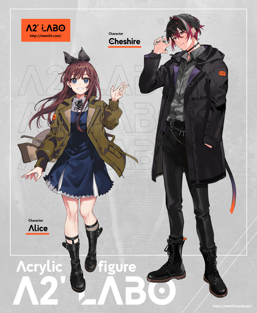 1boy 1girl arisaka_ako black_bow black_choker black_coat black_footwear black_hair black_pants blue_dress blue_eyes boots bow brown_hair brown_jacket character_name choker closed_mouth coat collared_dress collared_shirt commentary_request dress ear_piercing full_body grey_background grey_shirt hair_bow hand_in_pocket hand_up highres jacket jewelry long_hair long_sleeves looking_at_viewer multicolored_hair open_clothes open_jacket original pants parted_lips piercing redhead ring shirt short_hair smile streaked_hair web_address