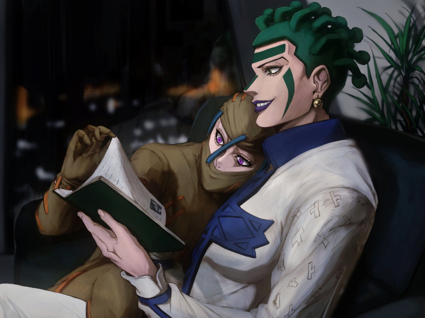 2boys bodysuit book cioccolata earrings facepaint facial_mark green_eyes green_hair grin highres holding holding_book hospital_0434 jewelry jojo_no_kimyou_na_bouken makeup male_focus multiple_boys oasis_(stand) reading relaxed secco sitting smile stand_(jojo) vento_aureo violet_eyes