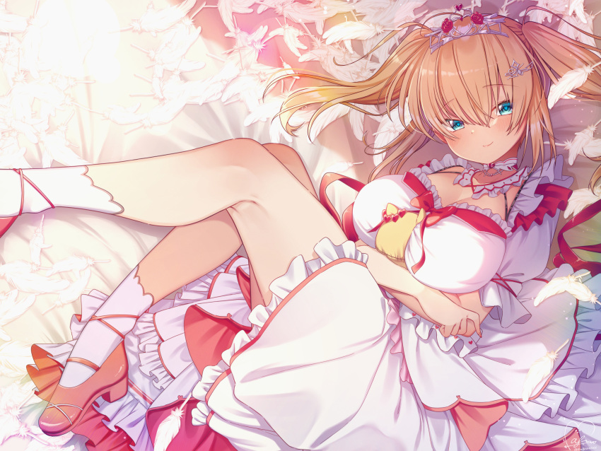 1girl akai_haato blonde_hair blue_eyes breasts dress frilled_dress frills haaton_(akai_haato) heart heart-shaped_pupils highres hololive large_breasts long_hair lying magowasabi on_side puffy_short_sleeves puffy_sleeves shoes short_sleeves signature socks solo symbol-shaped_pupils twitter_username two_side_up virtual_youtuber white_dress