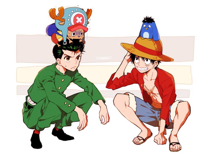 3boys animal hat horns hoyano_(maimai) looking_up male_focus monkey_d._luffy multiple_boys one_piece scared smile squatting sweat tony_tony_chopper urameshi_yusuke yu_yu_hakusho