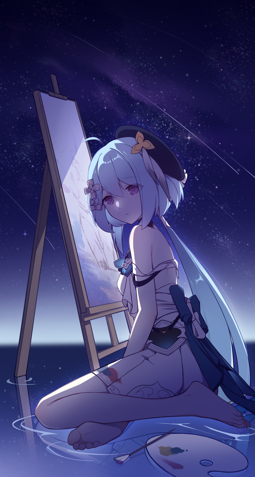 1girl absurdres bangs barefoot beret blue_hair blue_headwear bob_cut closed_mouth dress full_body griseo hat highres honkai_(series) honkai_impact_3rd incredibly_absurdres looking_at_viewer looking_to_the_side neprbq night night_sky off-shoulder_dress off_shoulder painting seiza sitting sky soles star_(sky) starry_sky toes violet_eyes water white_dress