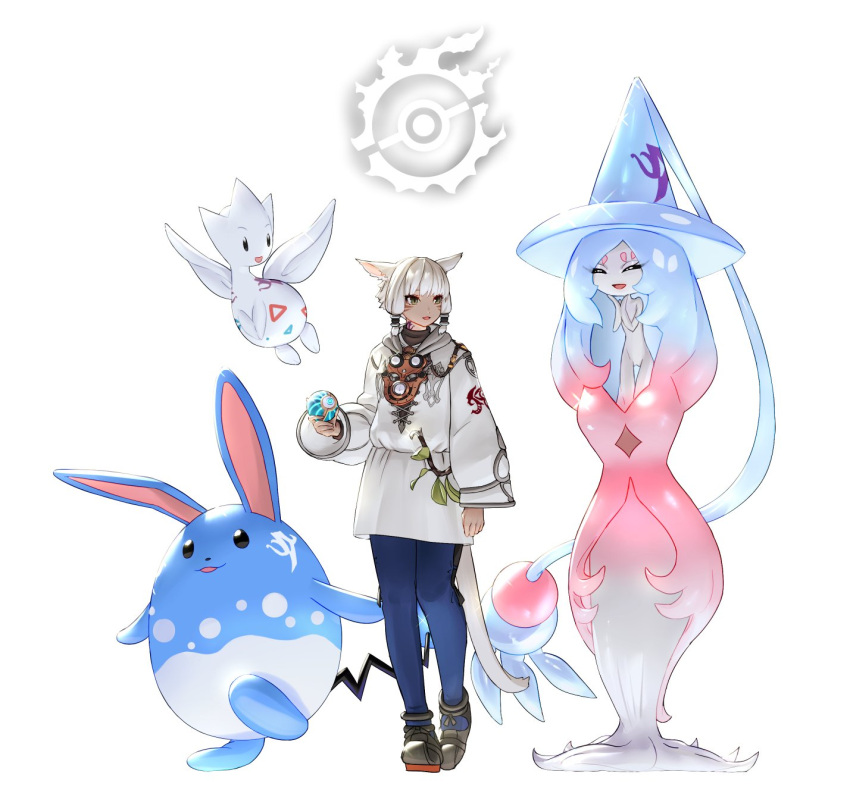 1girl animal_ears azumarill bangs blue_pants cat_ears cat_girl cat_tail commentary crossover facial_mark final_fantasy final_fantasy_xiv full_body green_eyes hair_tubes hatterene highres holding holding_poke_ball hood hood_down jacket miqo'te neck_tattoo open_mouth pants poke_ball pokemon pokemon_(creature) potion_lilac shoes short_hair simple_background standing tail tattoo togetic wand white_background white_hair white_jacket y'shtola_rhul