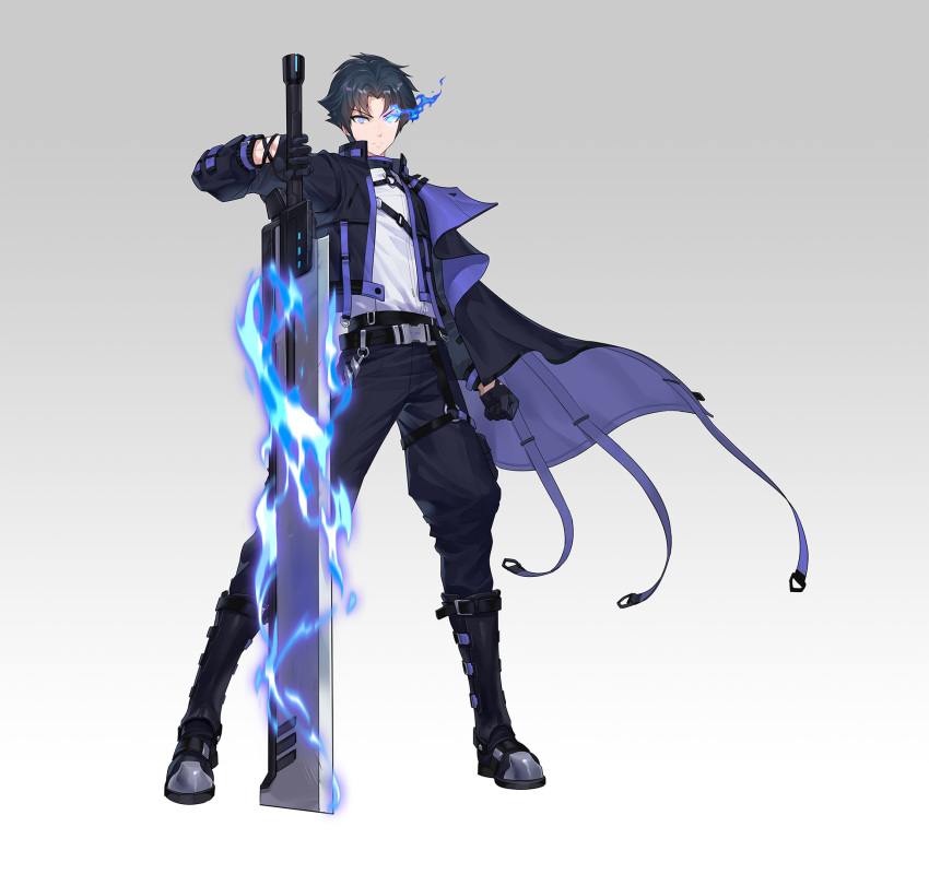 1boy black_coat black_footwear black_gloves black_hair black_moon:_extend black_pants blue_eyes boots closed_mouth coat flaming_eye flaming_sword flaming_weapon full_body gloves glowing glowing_eyes grey_background highres holding holding_sword holding_weapon long_sleeves looking_at_viewer ninety-nine_god_moon pants shirt short_hair simple_background solo sword tanwq weapon white_shirt