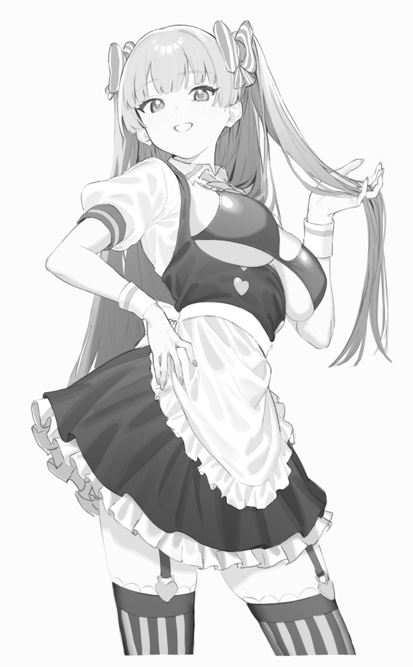 1girl apron blush bow contrapposto eyebrows_visible_through_hair fingernails frills garter_belt greyscale hair_bow hand_in_own_hair hand_on_hip heart highres kona_ming lina_(michihasu) long_hair maid maid_apron monochrome original puffy_sleeves simple_background skindentation smile solo striped striped_bow striped_legwear teeth twintails white_background