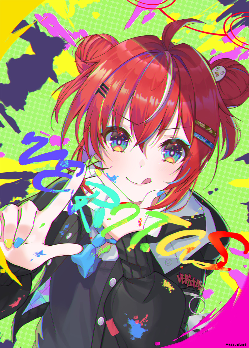 1girl artist_name black_jacket blue_archive blue_eyes blue_nails blue_necktie blue_sweater_vest double_bun finger_writing fourth_wall hair_between_eyes hair_ornament hairclip halo hand_on_own_chin highres hood hooded_jacket jacket looking_at_viewer maki_(blue_archive) multicolored_background multicolored_nails nail_polish necktie open_clothes open_jacket paint_on_clothes paint_splatter paint_splatter_on_face redhead short_hair solo sora_(ecj5678) sweater_vest upper_body yellow_nails