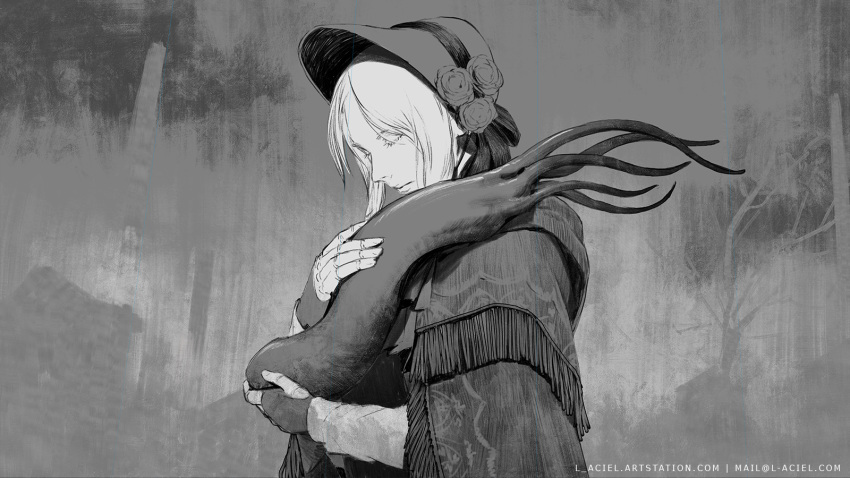 1girl artist_name bangs bloodborne closed_eyes closed_mouth creature doll_joints fingerless_gloves flower from_side gloves gradient gradient_background greyscale hat hat_flower highres hug joints l_aciel long_sleeves monochrome parted_bangs plain_doll short_hair slug solo upper_body web_address