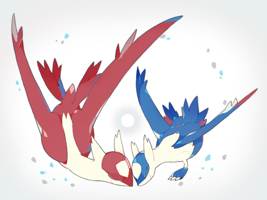 ^_^ akadako animal_focus claws closed_eyes closed_mouth commentary_request dragon forehead-to-forehead full_body gradient gradient_background grey_background happy heads_together latias latios no_humans partial_commentary pokemon pokemon_(creature) simple_background smile u_u