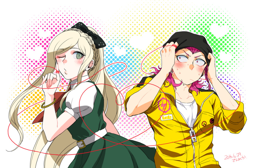 1boy 1girl artist_name bangs beanie belt black_bow black_headwear blush bow bowtie bracelet braid collarbone danganronpa_(series) danganronpa_2:_goodbye_despair dated den1208 dress eyebrows_visible_through_hair green_dress green_eyes hair_bow hand_up hat heart jewelry long_hair medium_hair one_eye_closed pink_hair puffy_short_sleeves puffy_sleeves red_bow red_bowtie shirt short_sleeves smile sonia_nevermind souda_kazuichi sweat upper_body white_belt white_shirt zipper_pull_tab