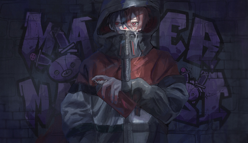 1boy bangs brick_wall commentary_request covered_mouth graffiti highres holding hood hood_up hooded_jacket jacket male_focus original rabbit red_eyes red_jacket redhead short_hair siun_5513 solo spray_can spray_paint upper_body