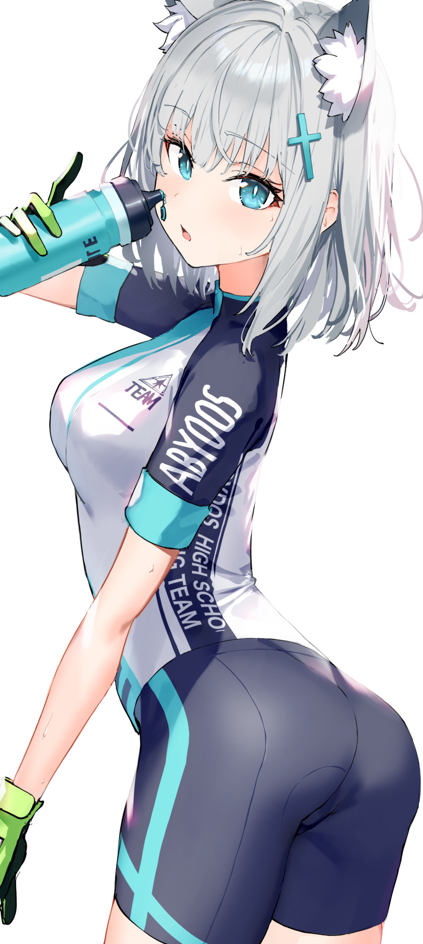 1girl absurdres animal_ears aqua_eyes arched_back ass bike_shorts biker_clothes bikesuit blue_archive bodysuit bottle breasts commentary drinking gloves hair_ornament highres looking_at_viewer looking_back shiroko_(blue_archive) shiroko_(cycling)_(blue_archive) small_breasts solo thighs water_bottle white_hair xkirara39x