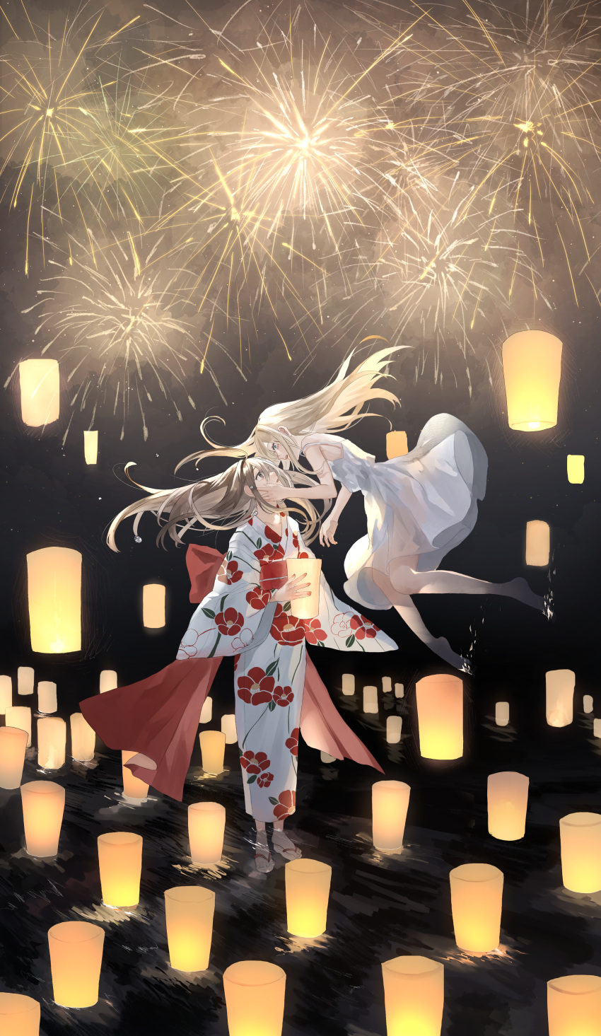 2girls absurdres back_bow bare_arms barefoot blonde_hair blue_eyes bow brown_hair commentary_request dress eye_contact fireworks floral_print grey_eyes hand_on_another's_face highres iwai_ku_tsuki japanese_clothes kimono lantern lantern_on_liquid long_hair long_sleeves looking_at_another multiple_girls night night_sky obi original outdoors paper_lantern parted_lips print_kimono profile sandals sash shirt sky sleeveless sleeveless_shirt tears wading water white_dress white_kimono yuri